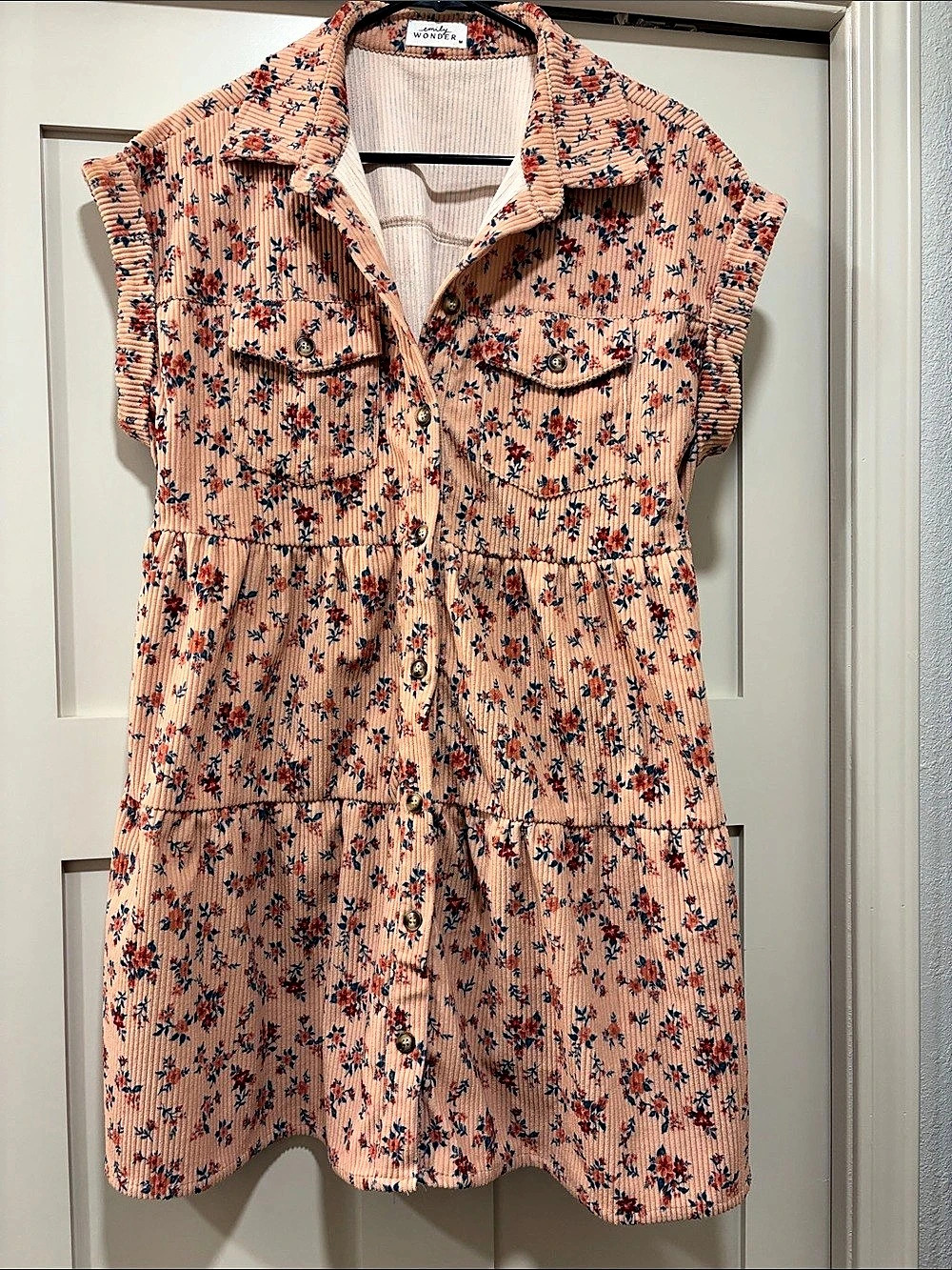 Emily Wonder Corduroy Button Up Dress Floral Mini Dress in Pink Size Medium